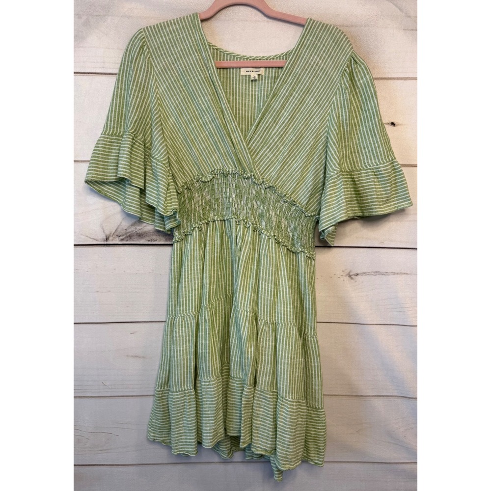 Max Studio Green White Striped Smocked Waist Flutter Sleeve Mini Dress L